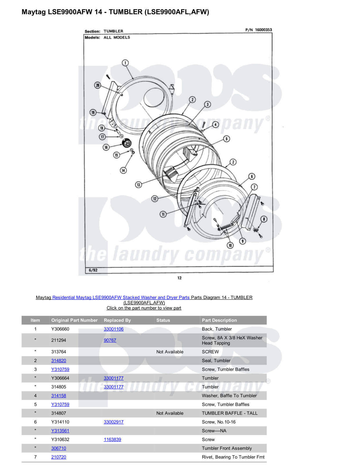 Maytag LSE9900AFW Stacked and Parts Diagram