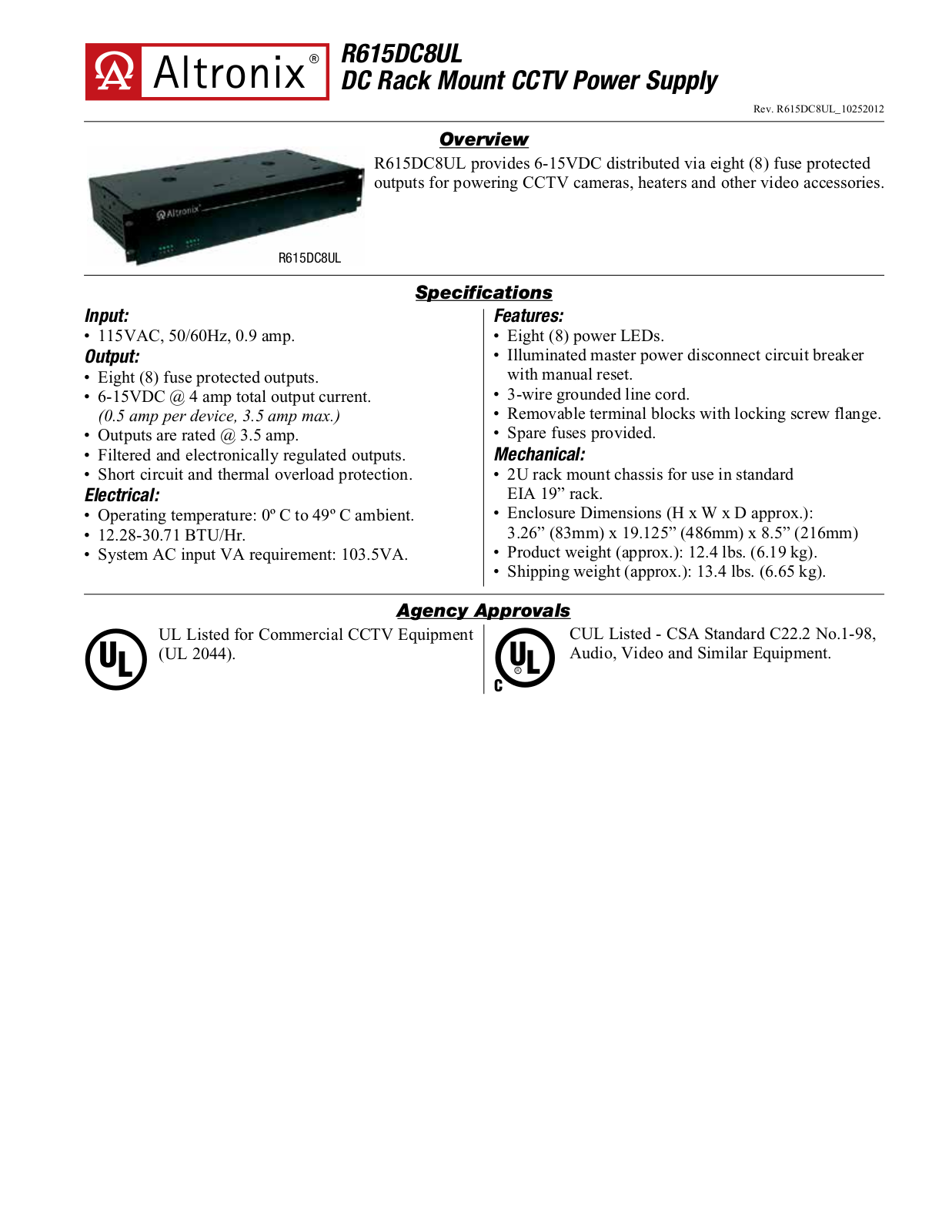 Altronix R615DC8UL Data Sheet