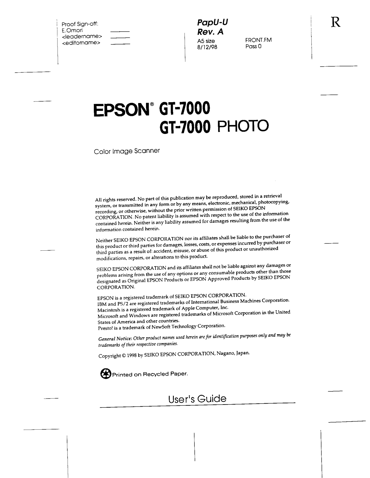 Seiko Epson FBG680B User Manual