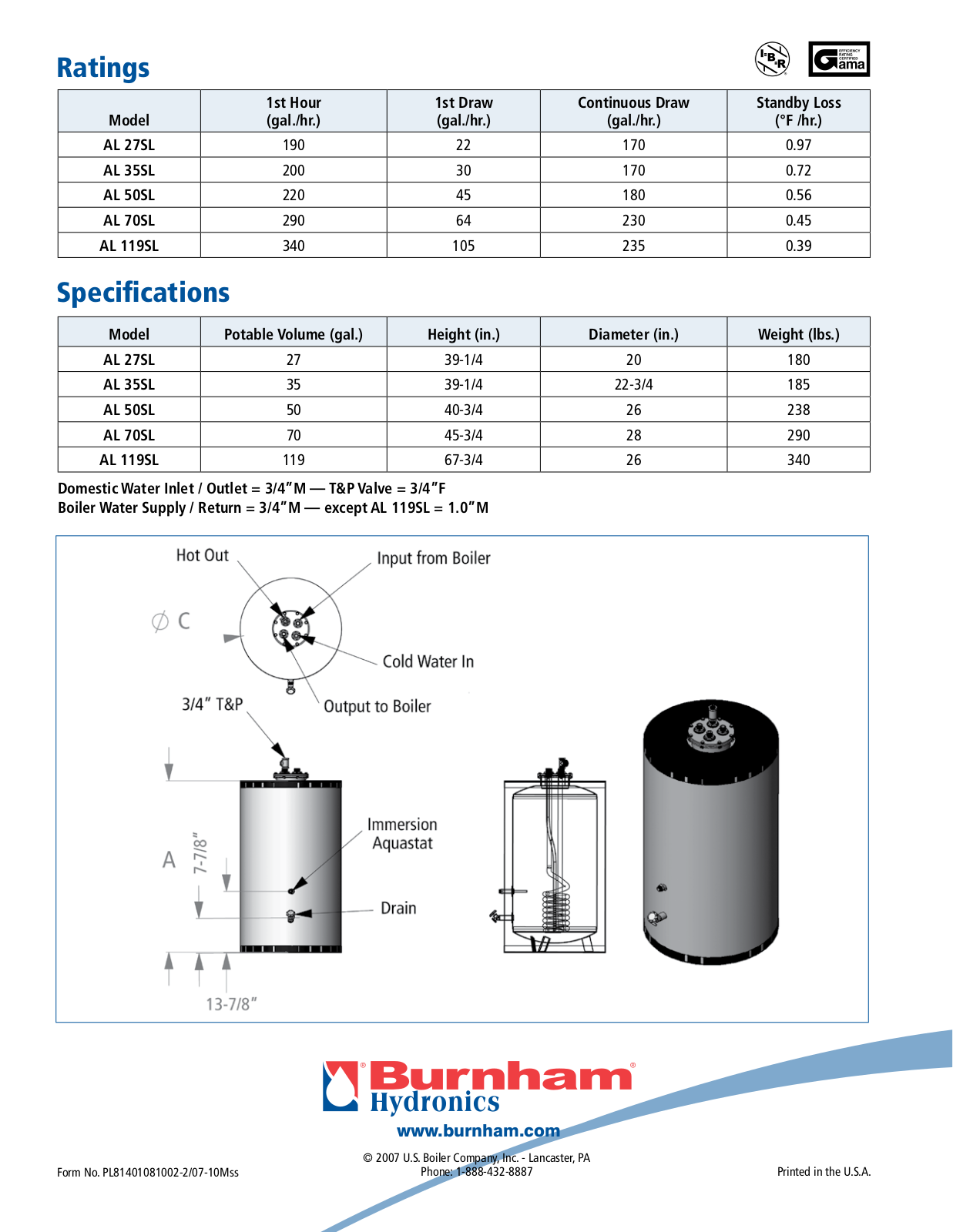 Burnham AL70SL, AL27SL, AL35SL, AL50SL User Manual