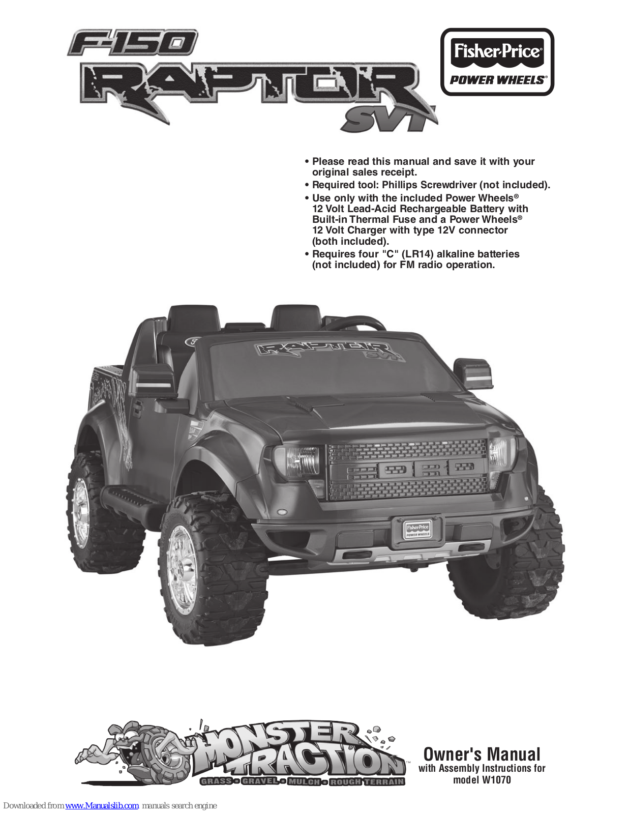 Power Wheels F-150, F-150 Raptor SVT W1070 Owner's Manual With Assembly Instructions