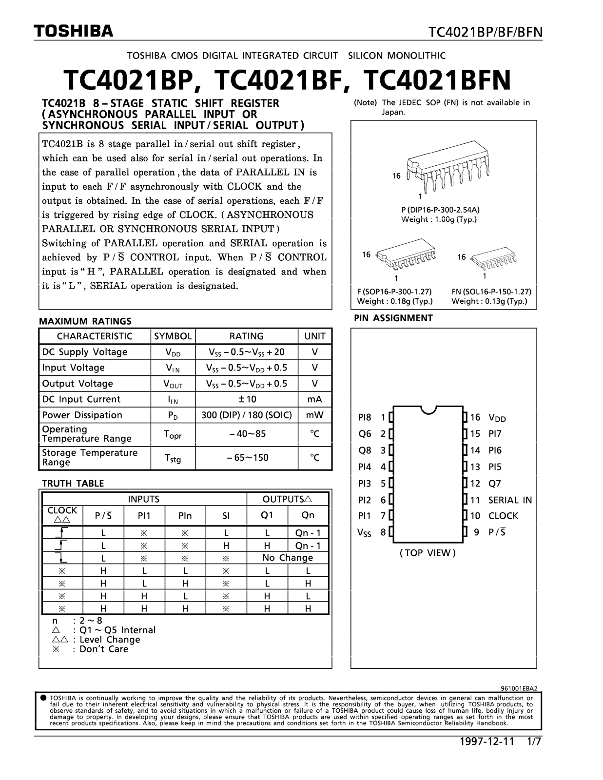 TOSHIBA TC4021BP, TC4021BF, TC4021BFN Technical data