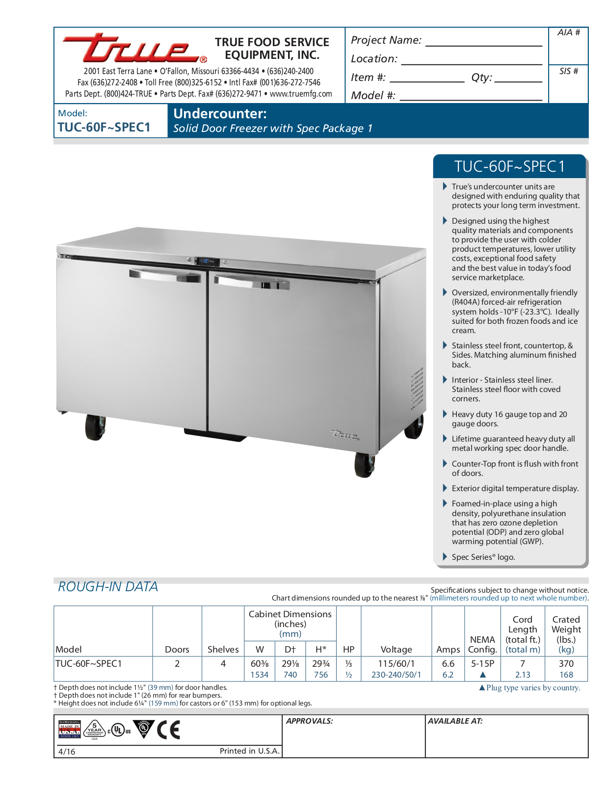 True Refrigeration TUC-60F User Manual