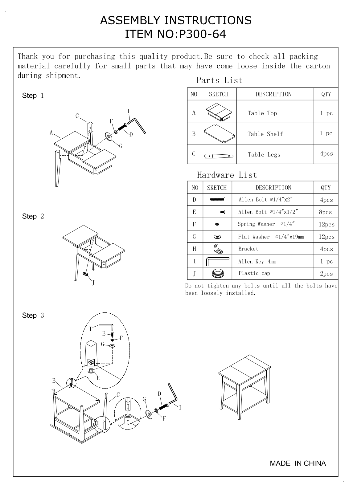 Progressive Furniture P30064 Assembly Guide