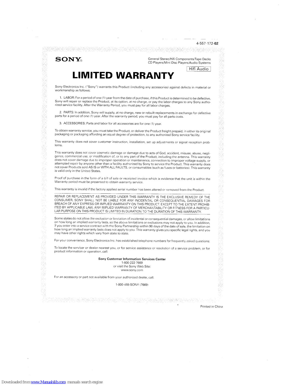 Sony CMT-DH7BT - Micro Hi Fi Component System, CMT-HX7BT - Micro Hi Fi Component System, CMT-U1BT - Micro Hi-fi Component System Limited Warranty