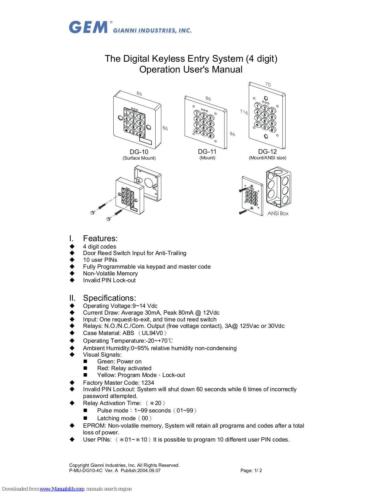 GEM ANSI Box, DG-10, DG-11, DG-12 Operation User's Manual - ManualMachine.com