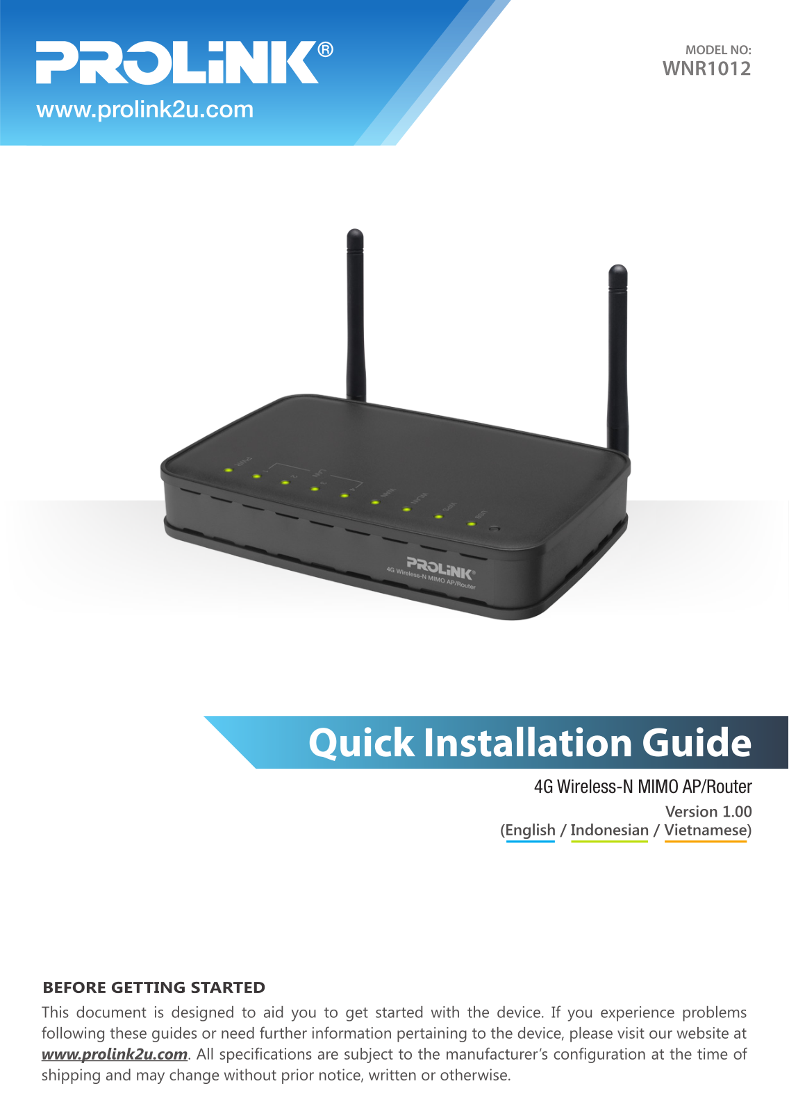 PROLiNK WNR1012 Quick Install Guide