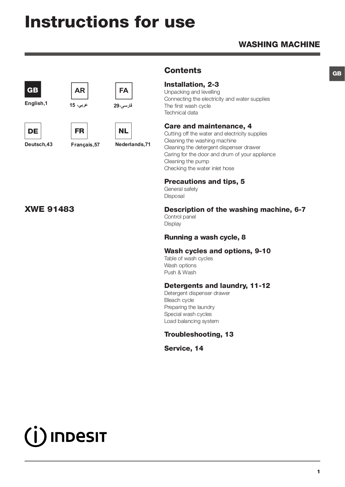 INDESIT XWE 91483X S EU User Manual