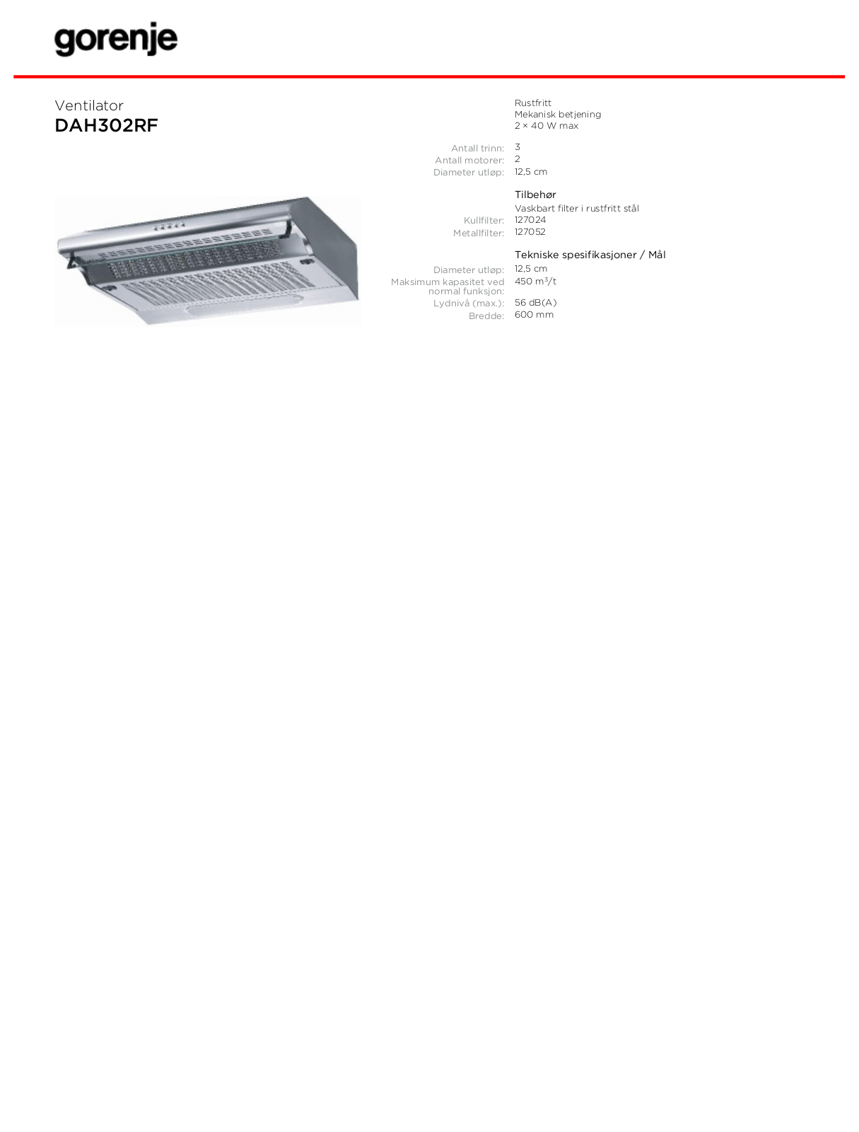 Gorenje DAH302RF DATASHEET