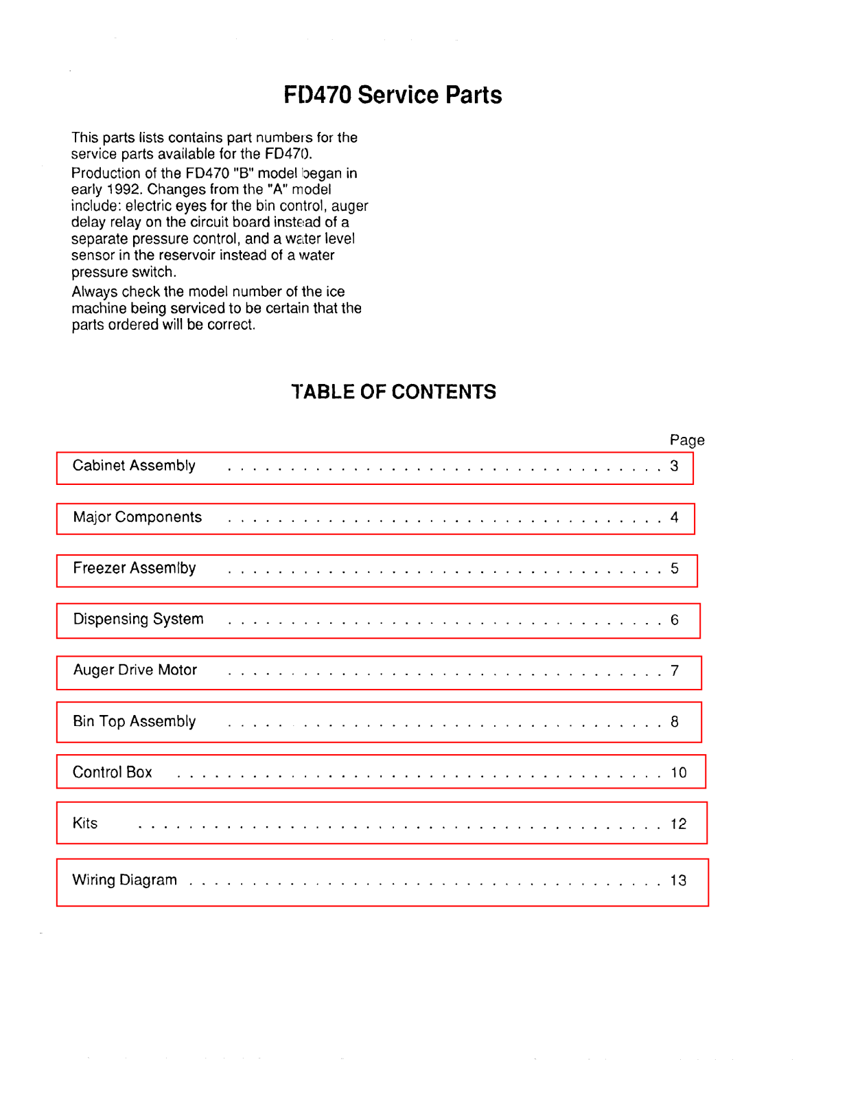 Scotsman FD470 PARTS LIST