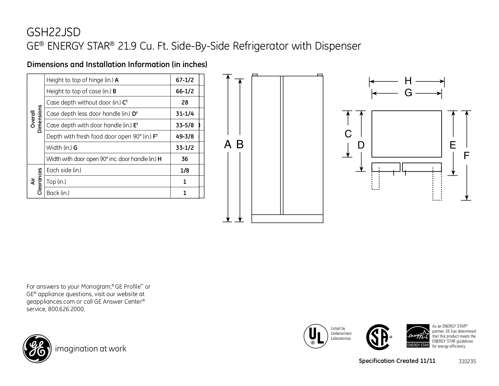 GE GSH22JSDSS Specification Sheet