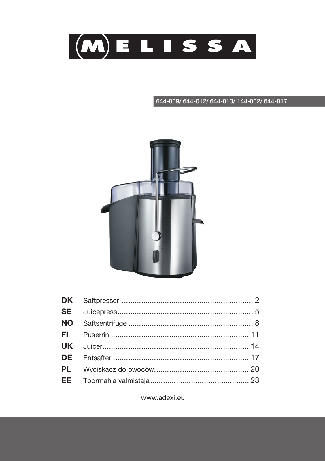 Melissa 644-017, 644-009, 644-013, 144-002, 644-012 User Manual