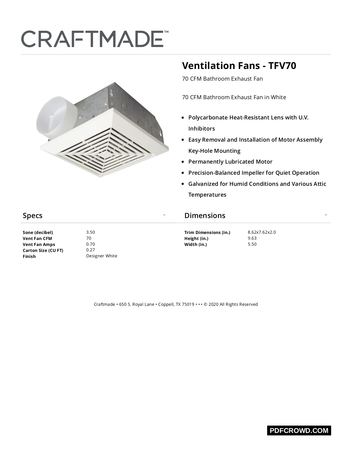 Craftmade FD5702 Specifications - ManualMachine.com