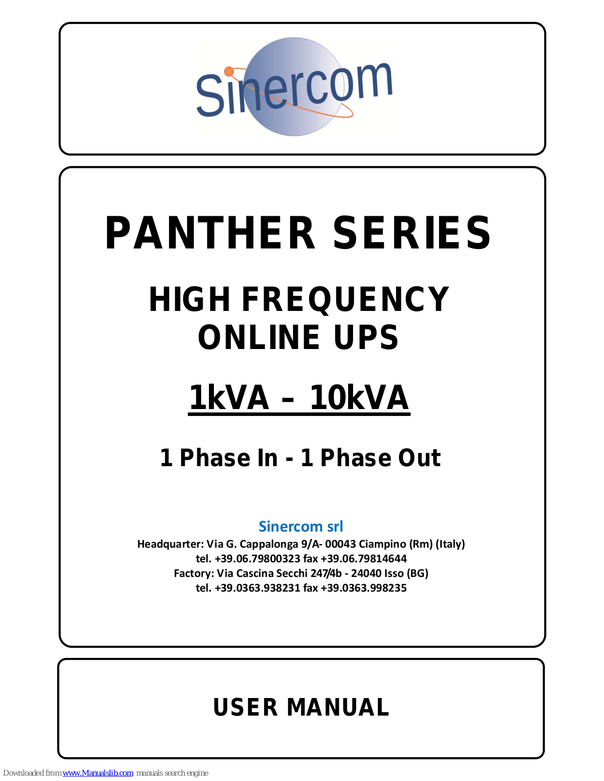 sinercom PANTHER 10KR, PANTHER 2KR, PANTHER 1KR-XL, PANTHER 2KR-XL, PANTHER 3KR-XL User Manual