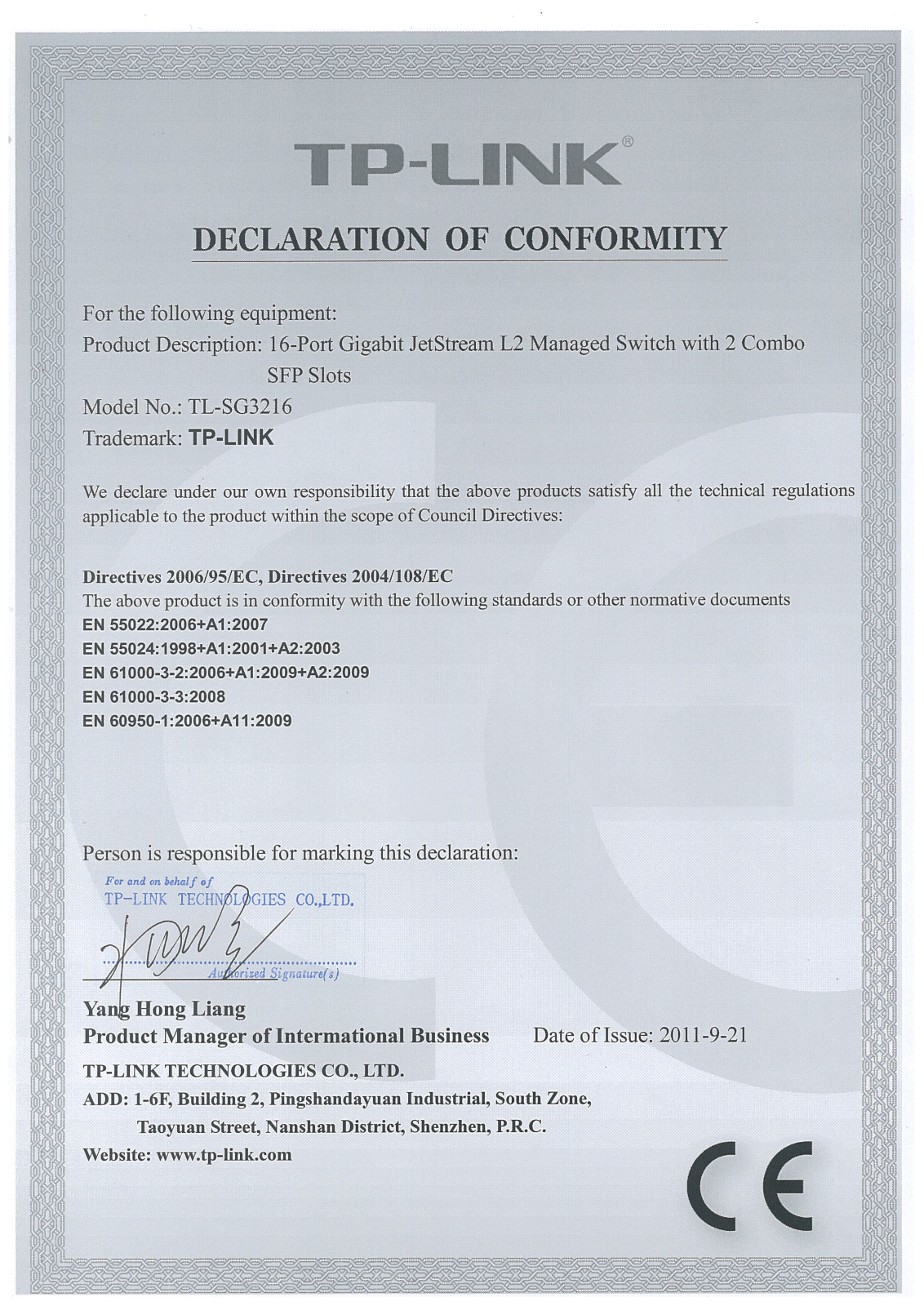 TP-Link TL-SG3216 Declaration of Conformity