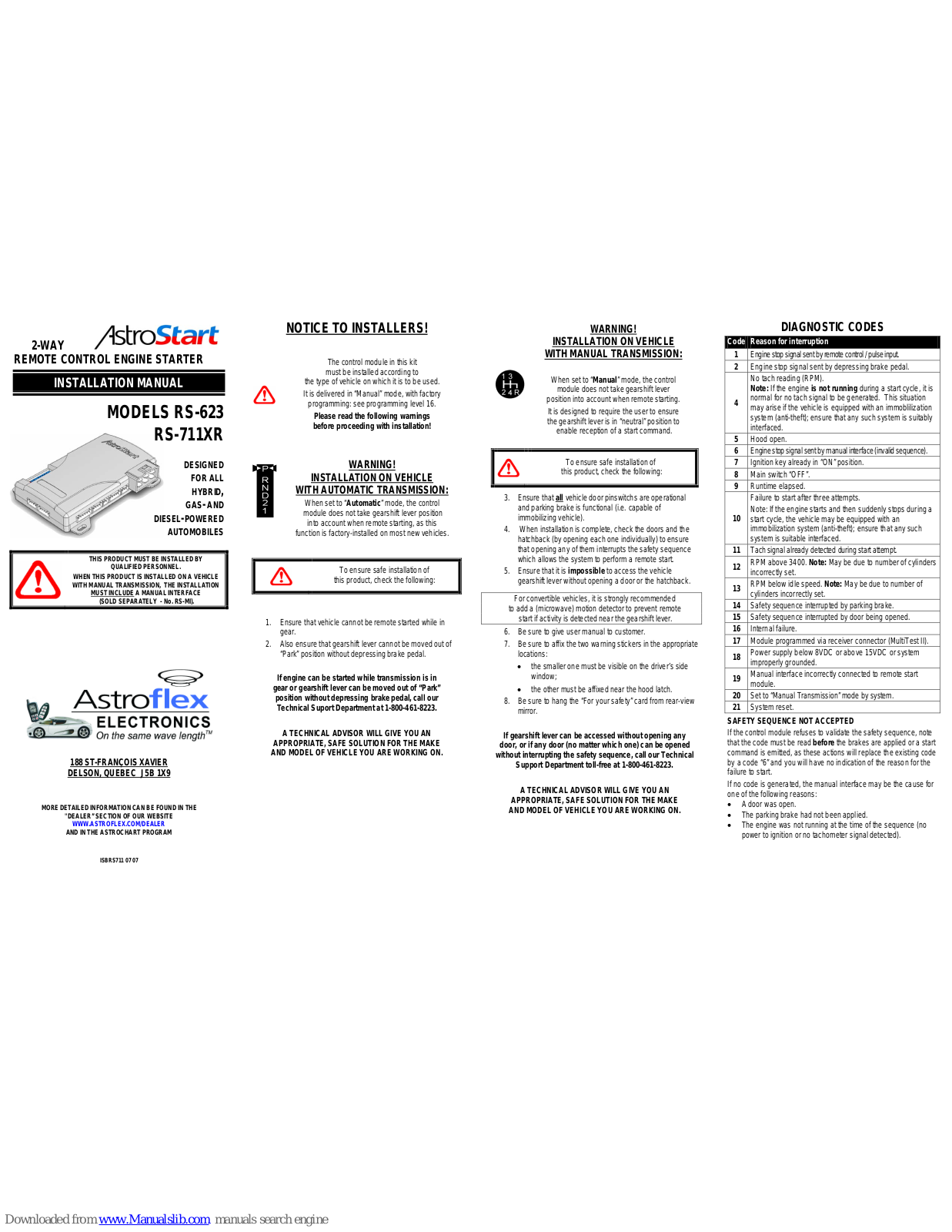 AstroStart RS-623, RS-711XR Installation Manual