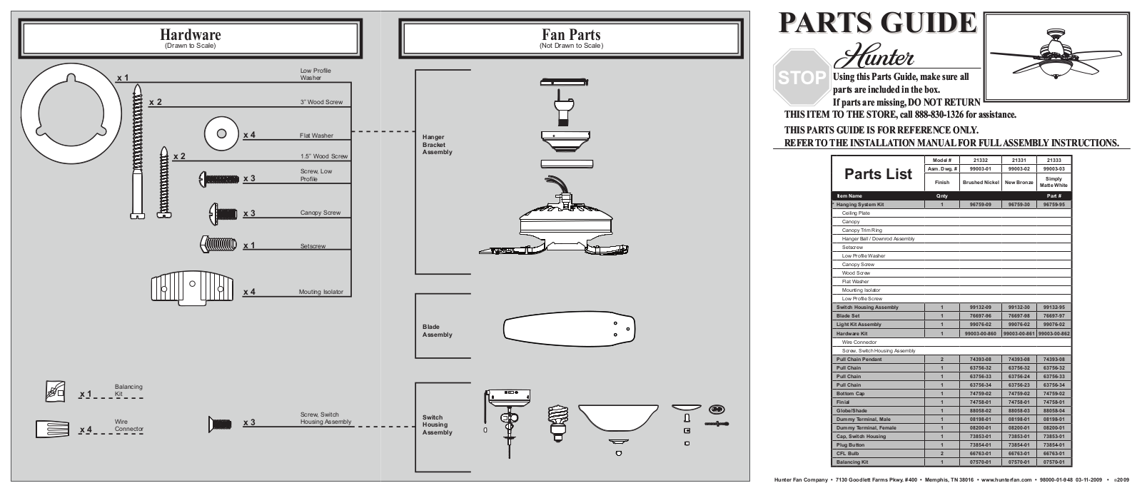 Hunter 21333 Parts Guide