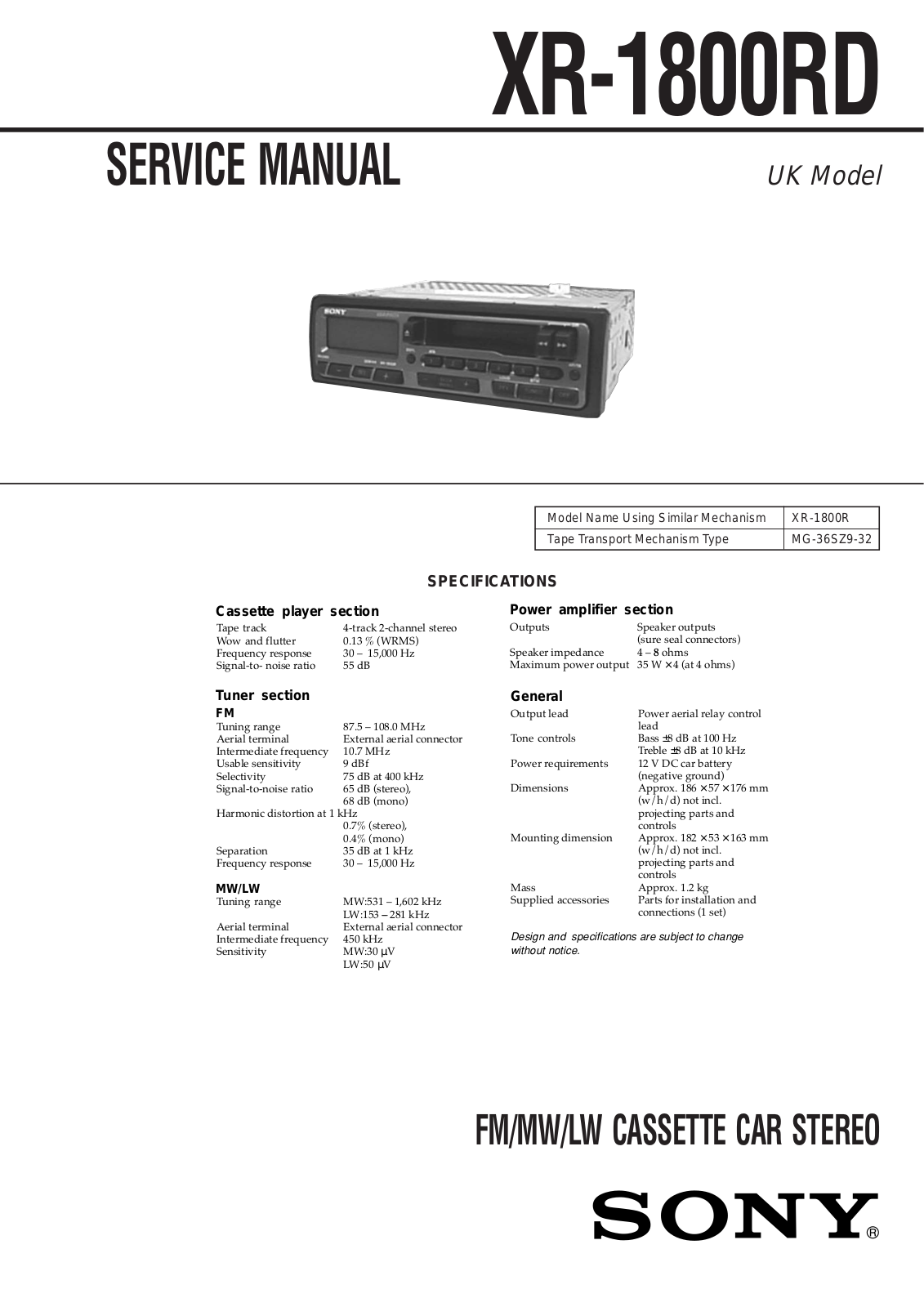 Sony XR-1800RD Service Manual