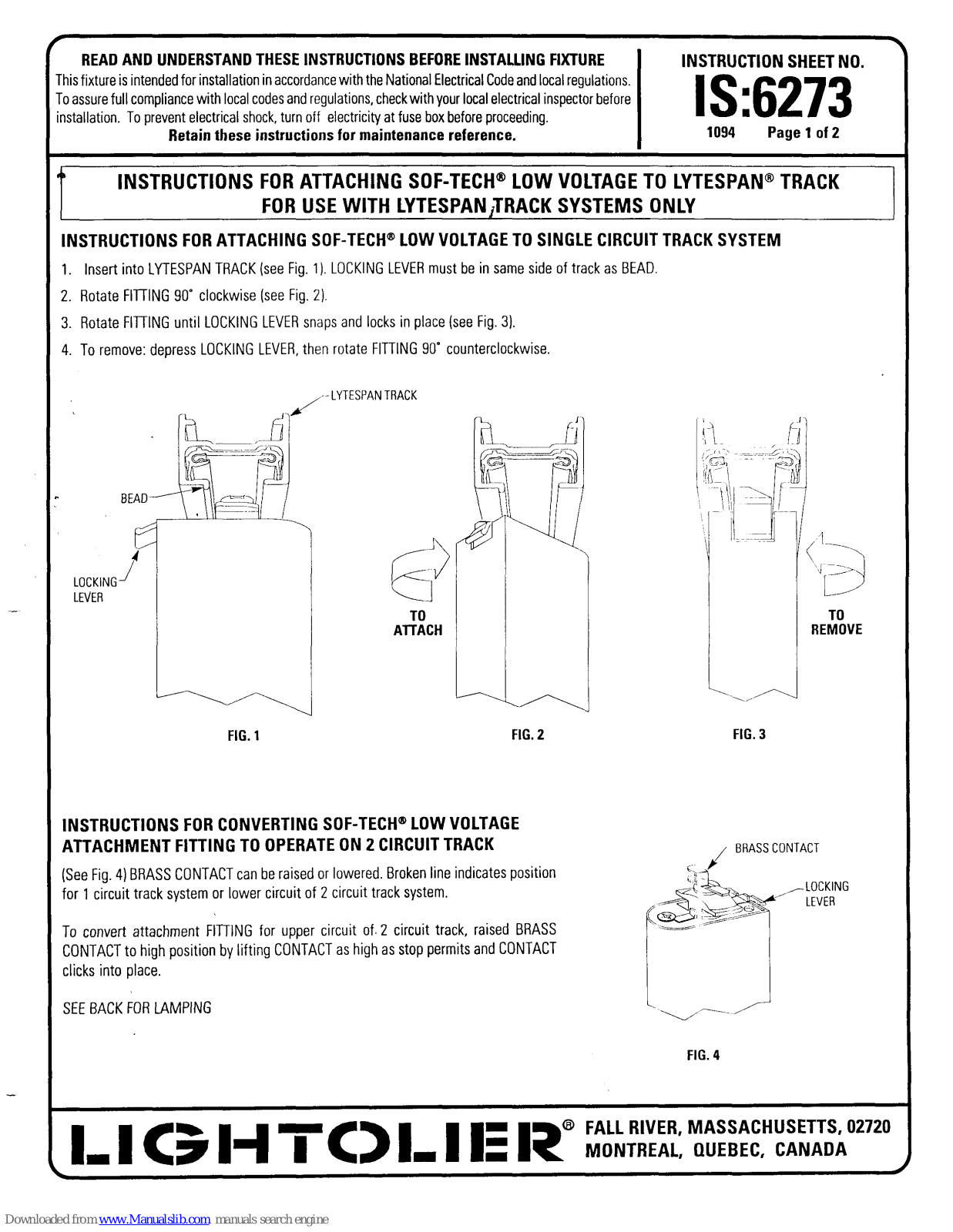Lightolier SOF-TECH, SOF-TECH 6273B, SOF-TECH 6273T Instructions For Maintenance Reference Manual - ManualMachine.com