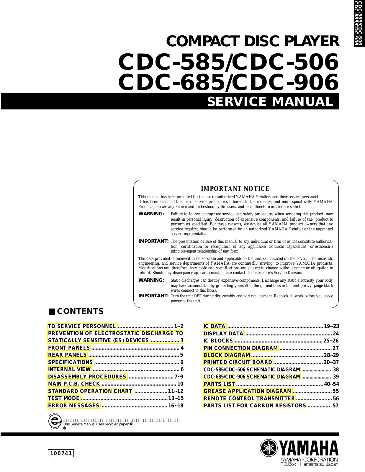 Yamaha CDC-906, CDC-585, CDC-506, CDC-685 Service Manual