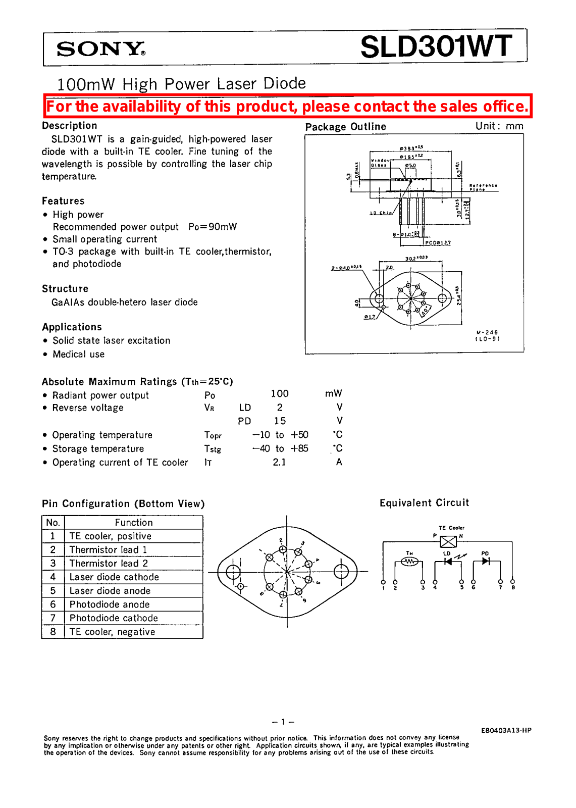 Sony SLD301WT Datasheet