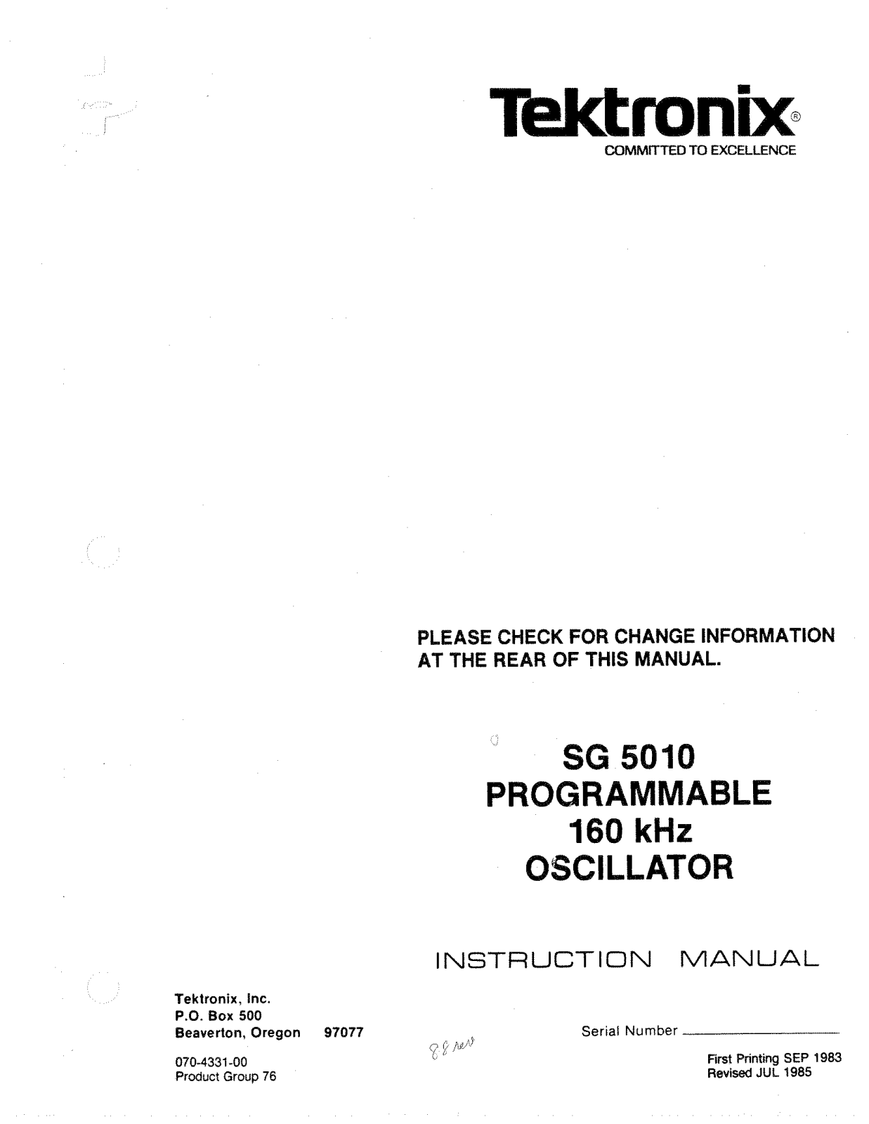 Tektronix SG 5010 User Manual