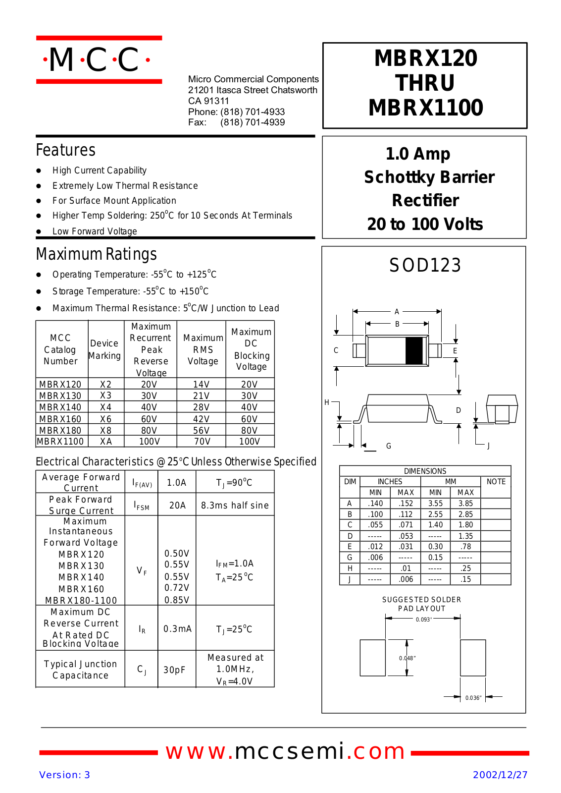 MCC MBRX140, MBRX160, MBRX180, MBRX1100, MBRX120 Datasheet