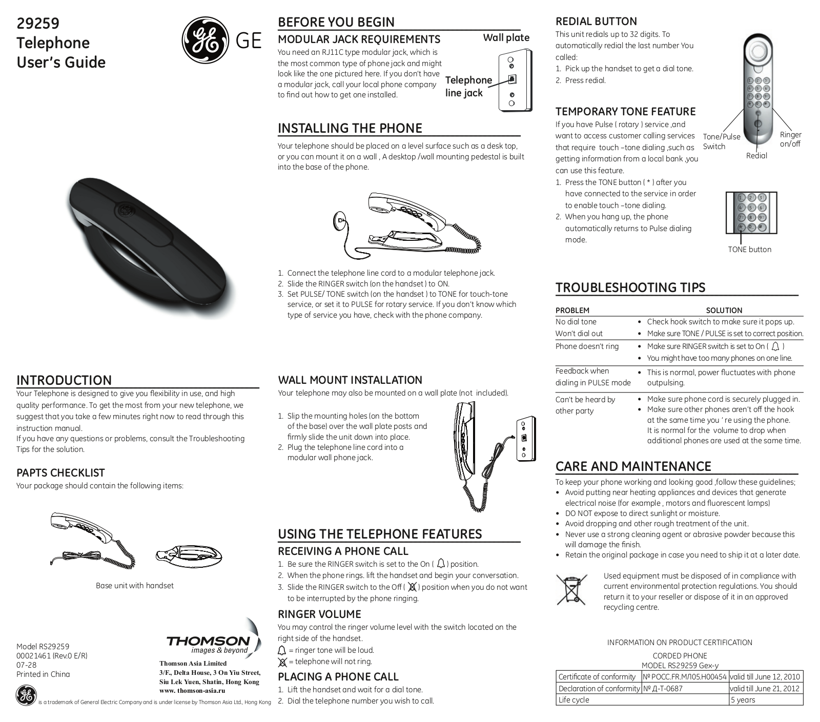 General Electric 9259 GE7 User Manual