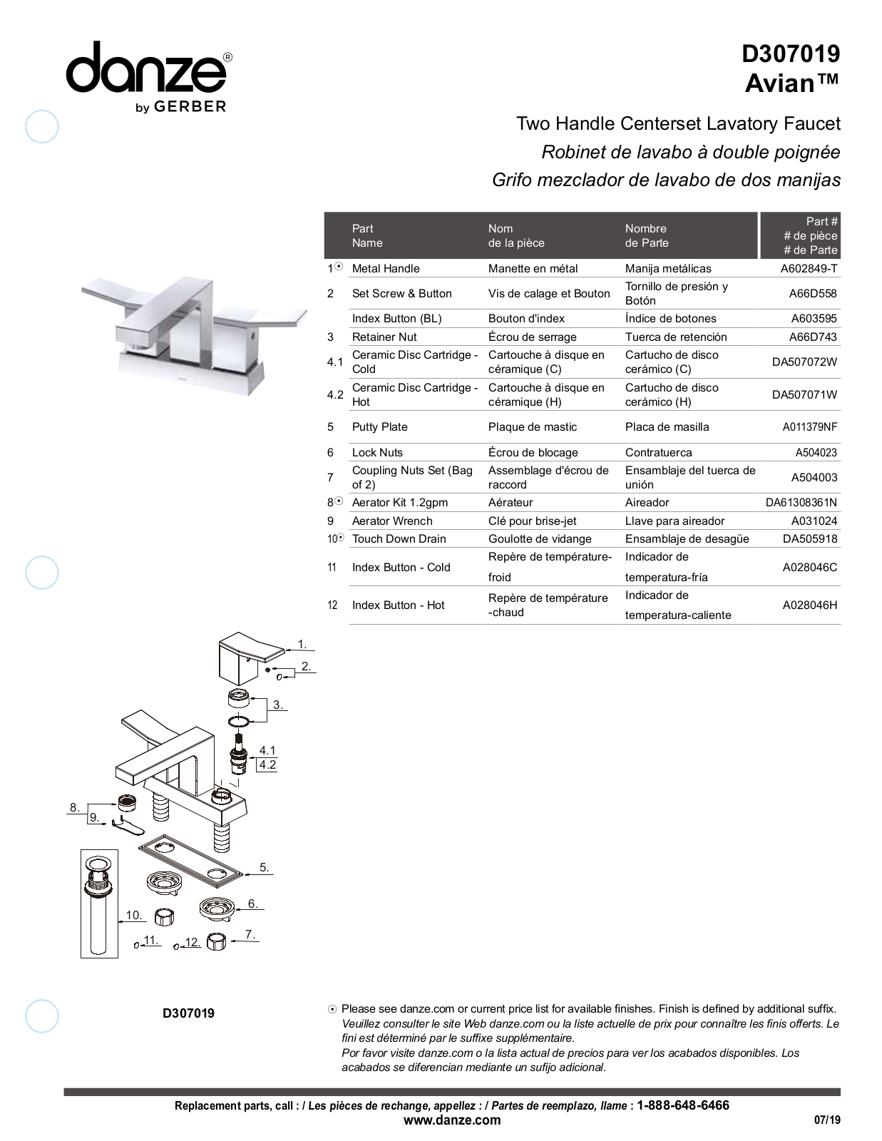 Gerber D307019BN, D307019BS, D307019 Part List