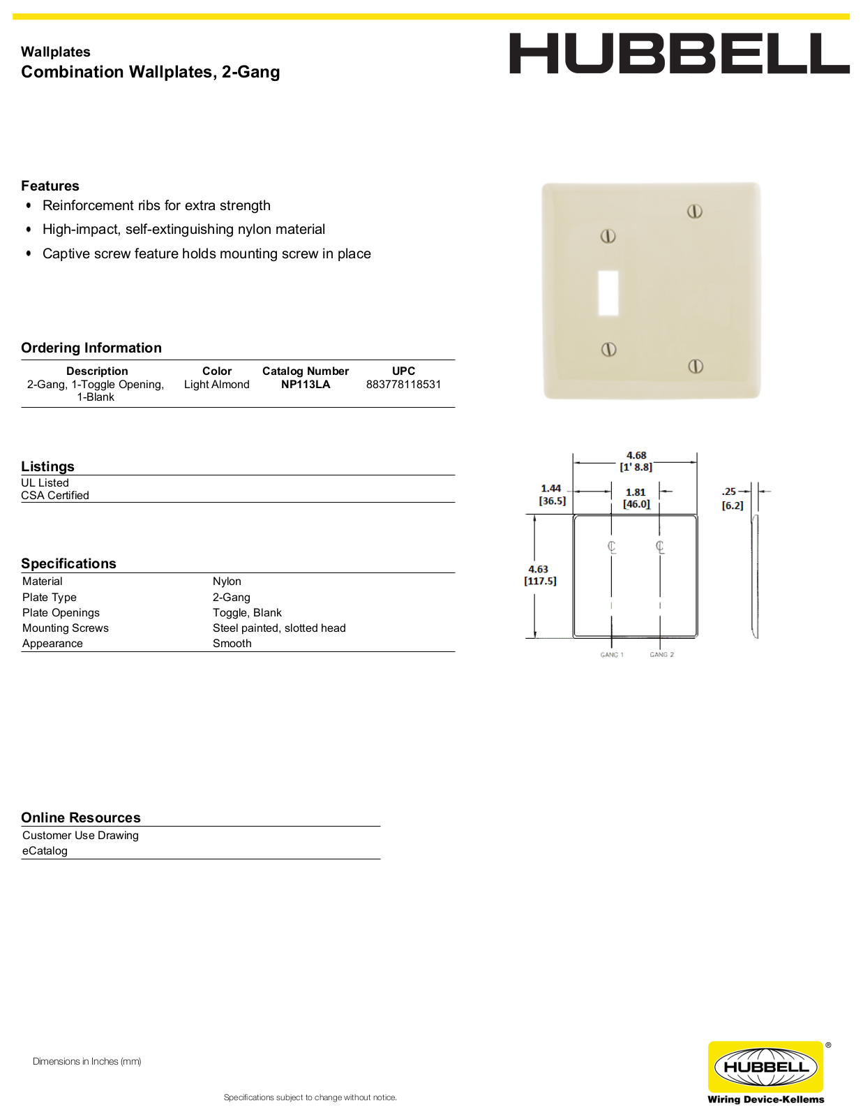 Hubbell NP113LA Specifications