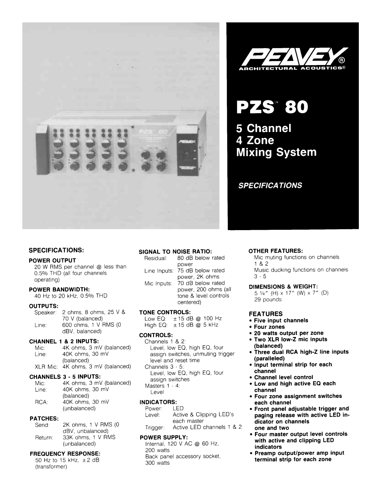 Peavey PZS 80 Specifications