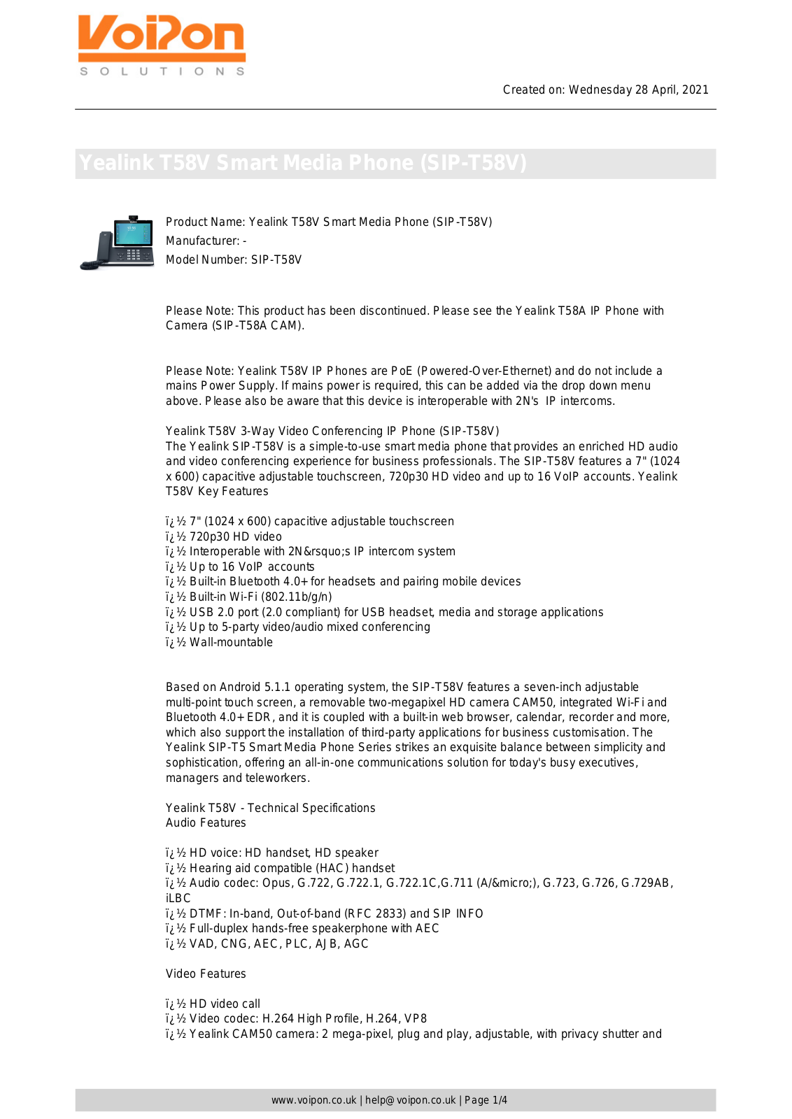 Yealink T58V Datasheet