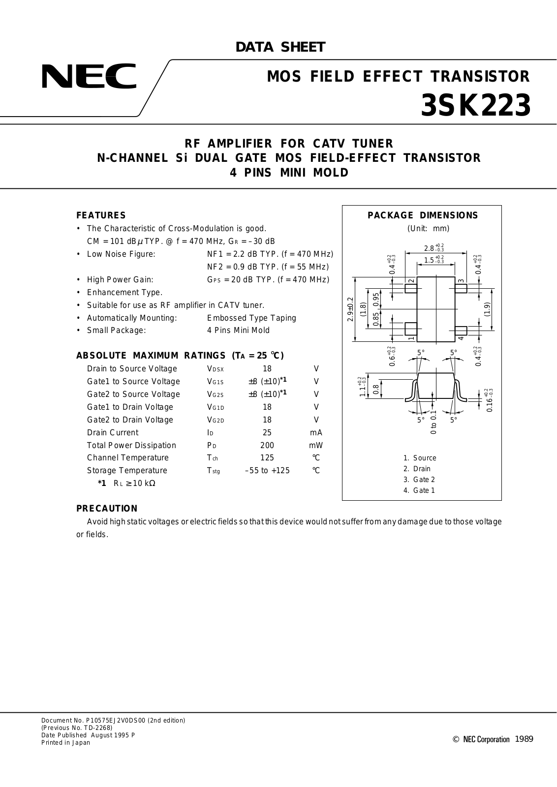 NEC 3SK223-T2, 3SK223-T1, 3SK223 Datasheet