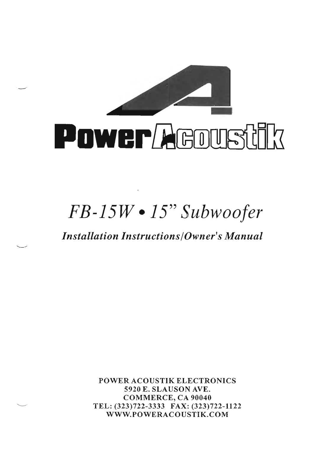 Power Acoustik FB-15W Owners Manual