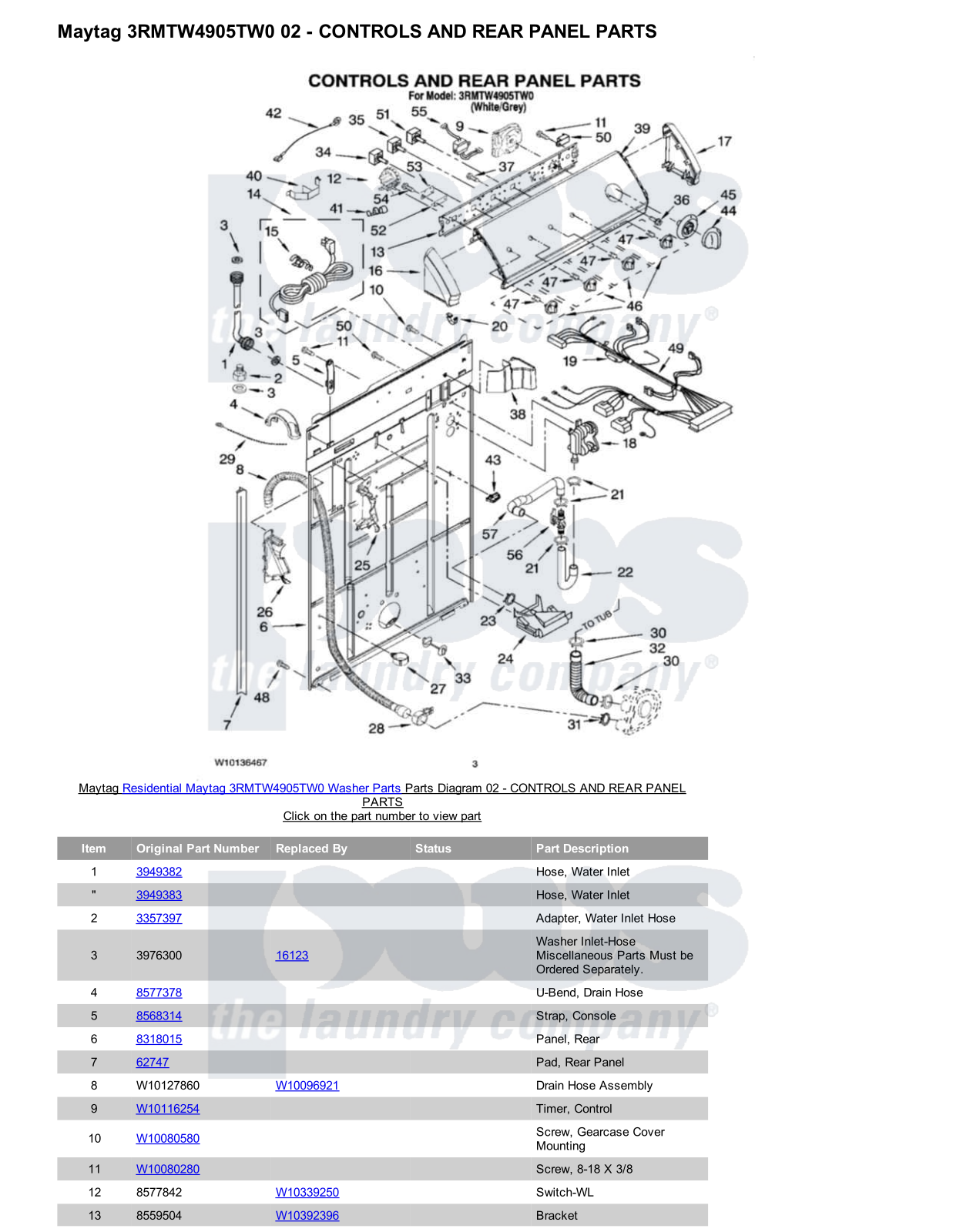 Maytag 3RMTW4905TW0 Parts Diagram