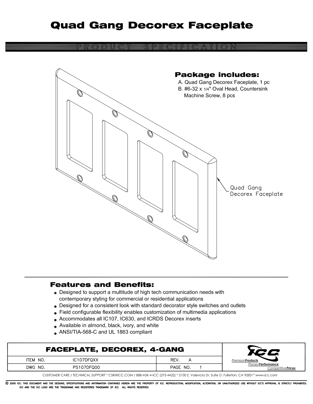 ICC IC107DFQAL, IC107DFQBK, IC107DFQIV, IC107DFQWH Specsheet