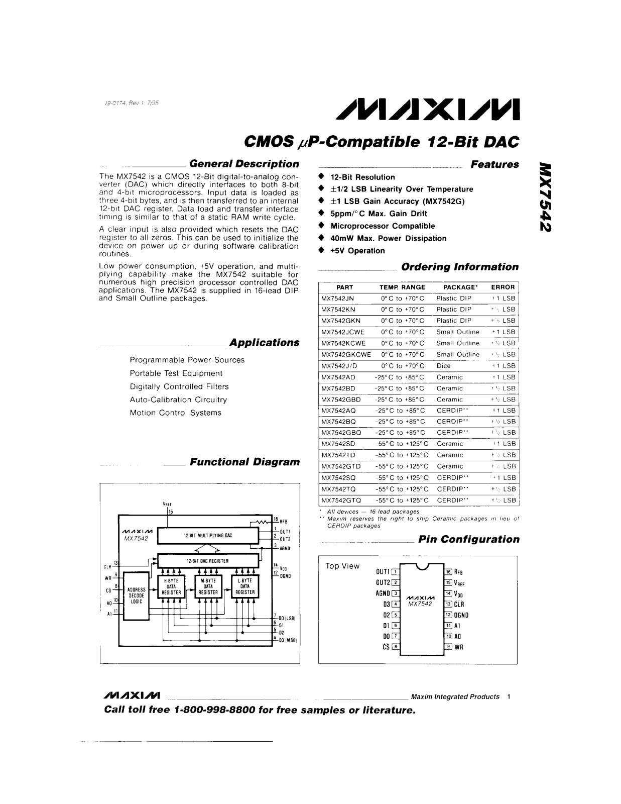 Maxim MX7542JCWE, MX7542JN, MX7542KCWE, MX7542KN, MX7542SD Datasheet