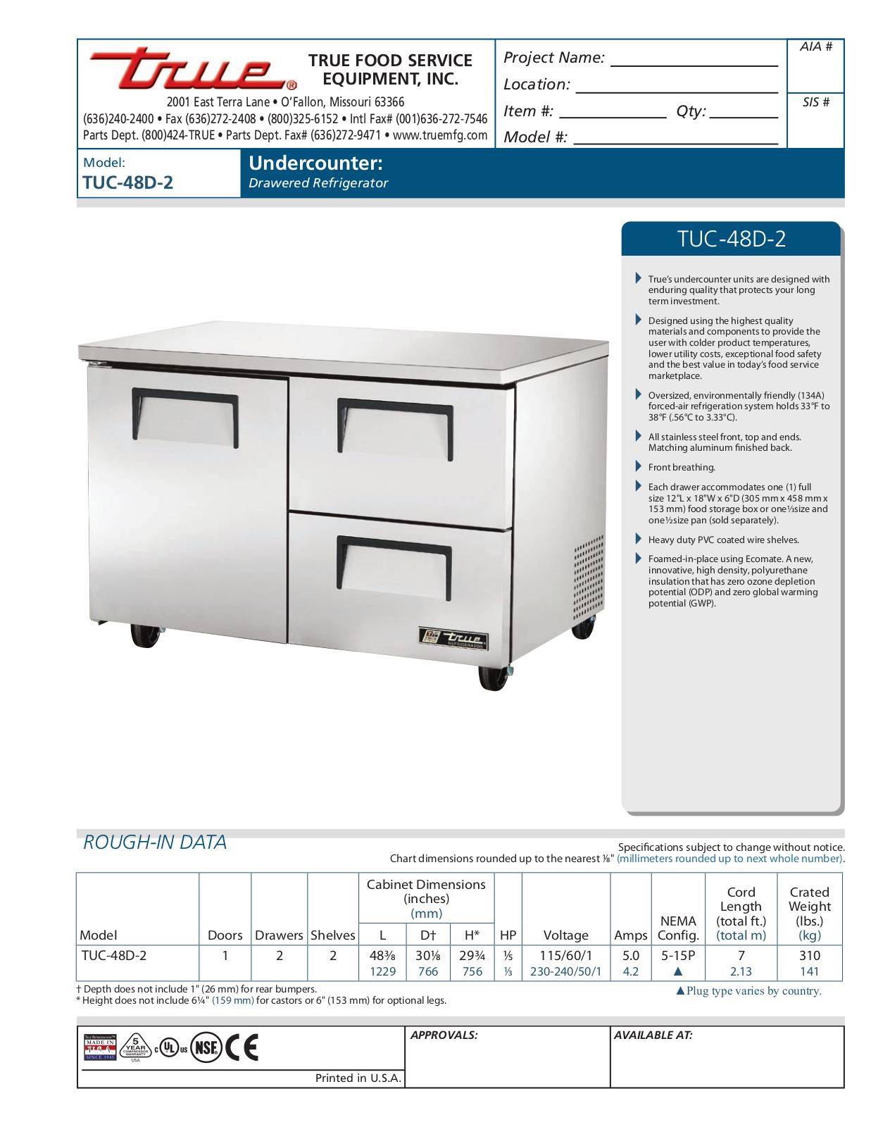 True TUC-48D-2 Specifications