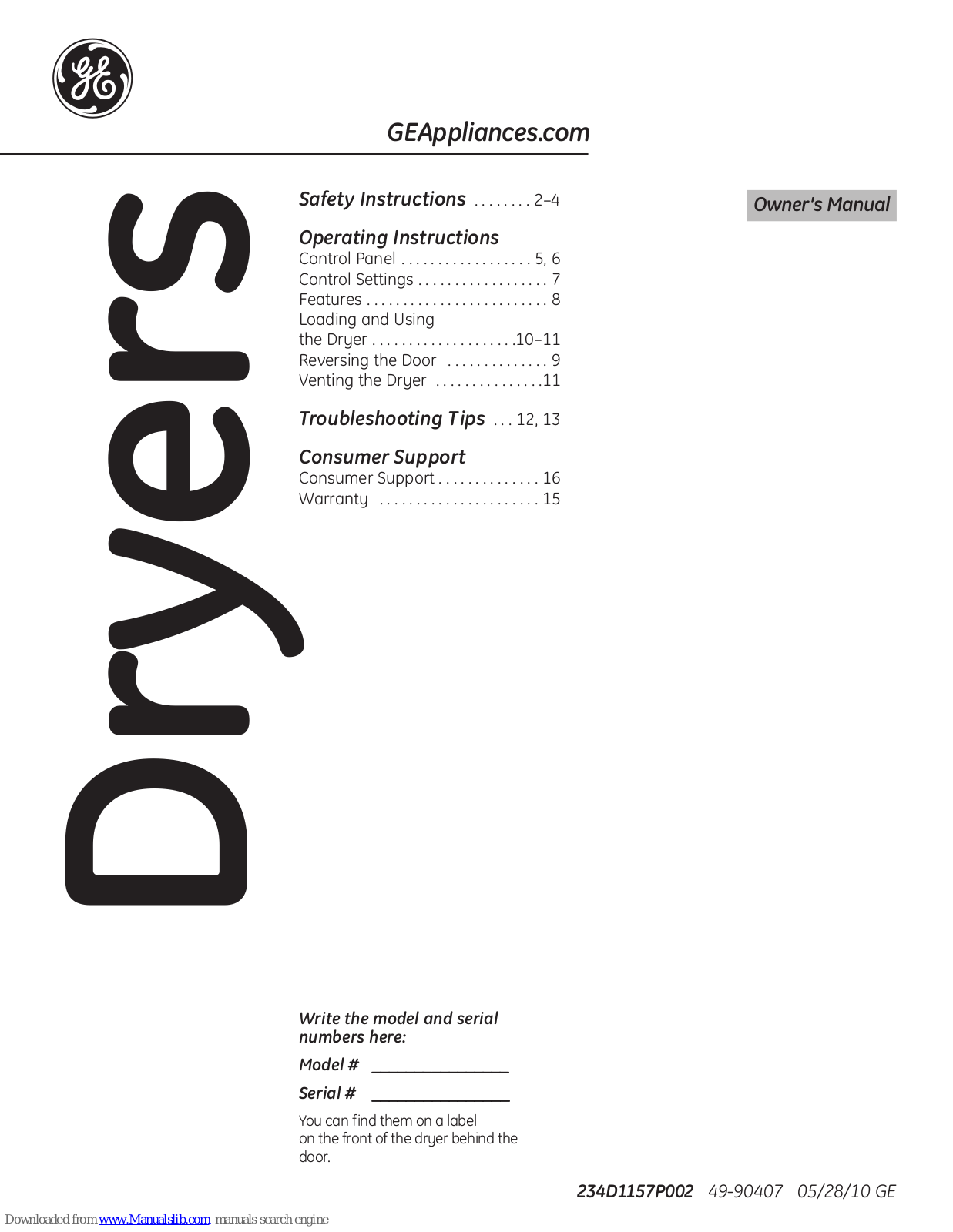 GE GTDL200GM, GTDL200EM, GTDL310EMWS, GTDN500EM, GTDN500GM Owner's Manual