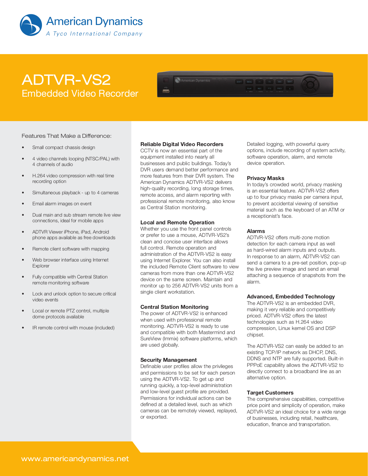 American Dynamics ADTVRVS204000 Specsheet