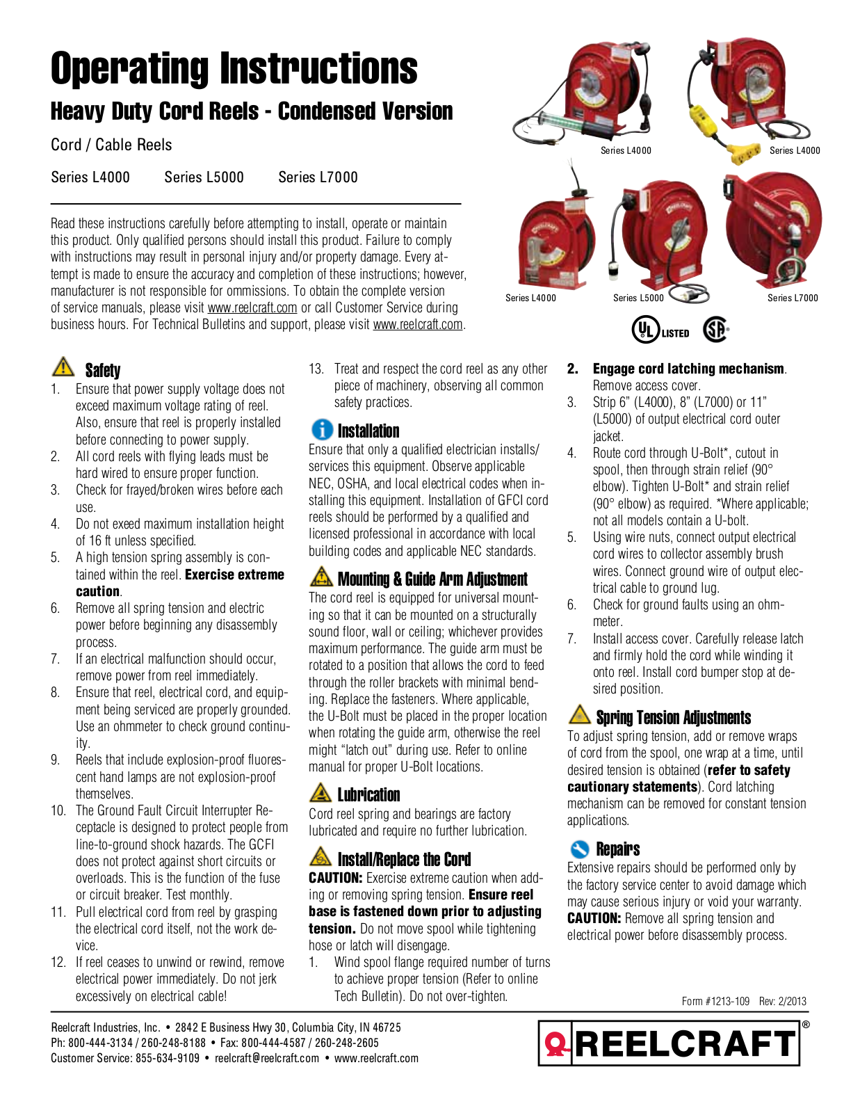 Reelcraft Heavy Duty Cord Reels User Manual