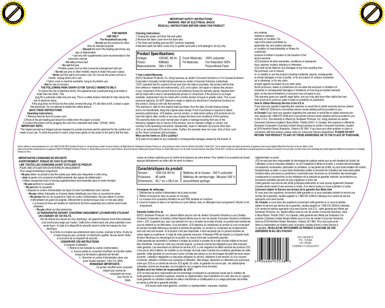 Sunbeam SBHPBCS Instruction Manual