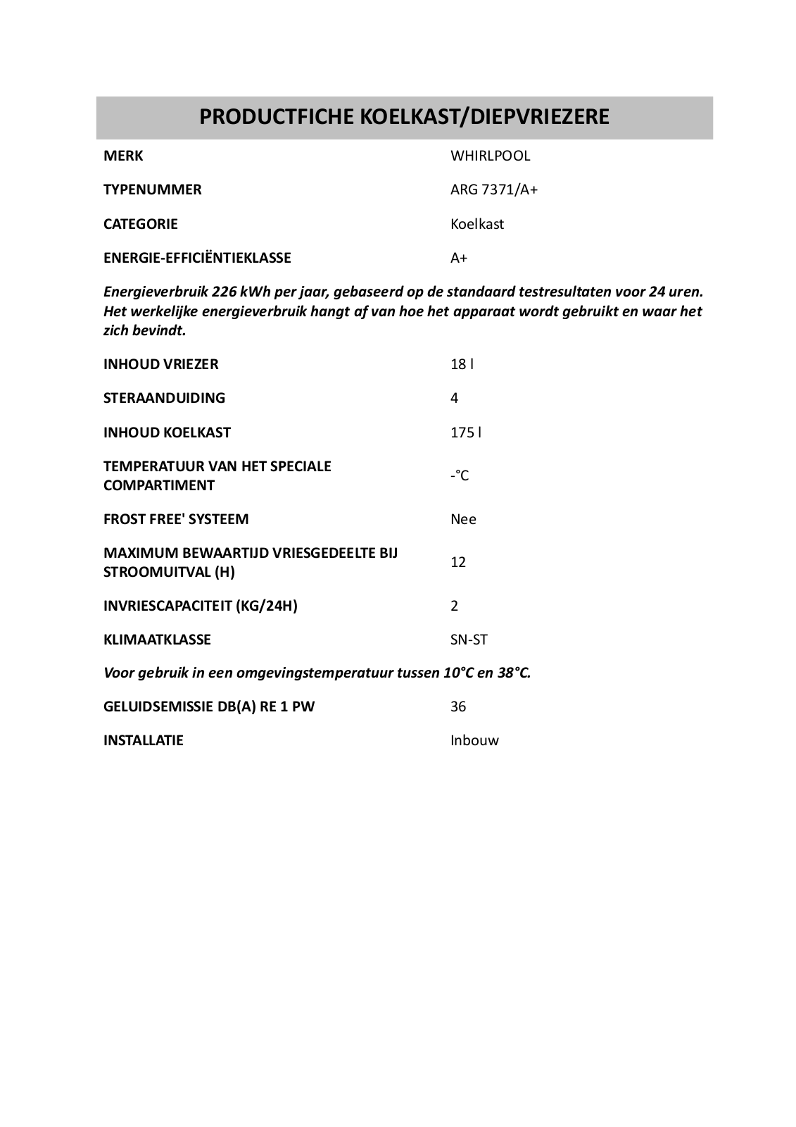 Whirlpool ARG 7371/A PRODUCT SHEET