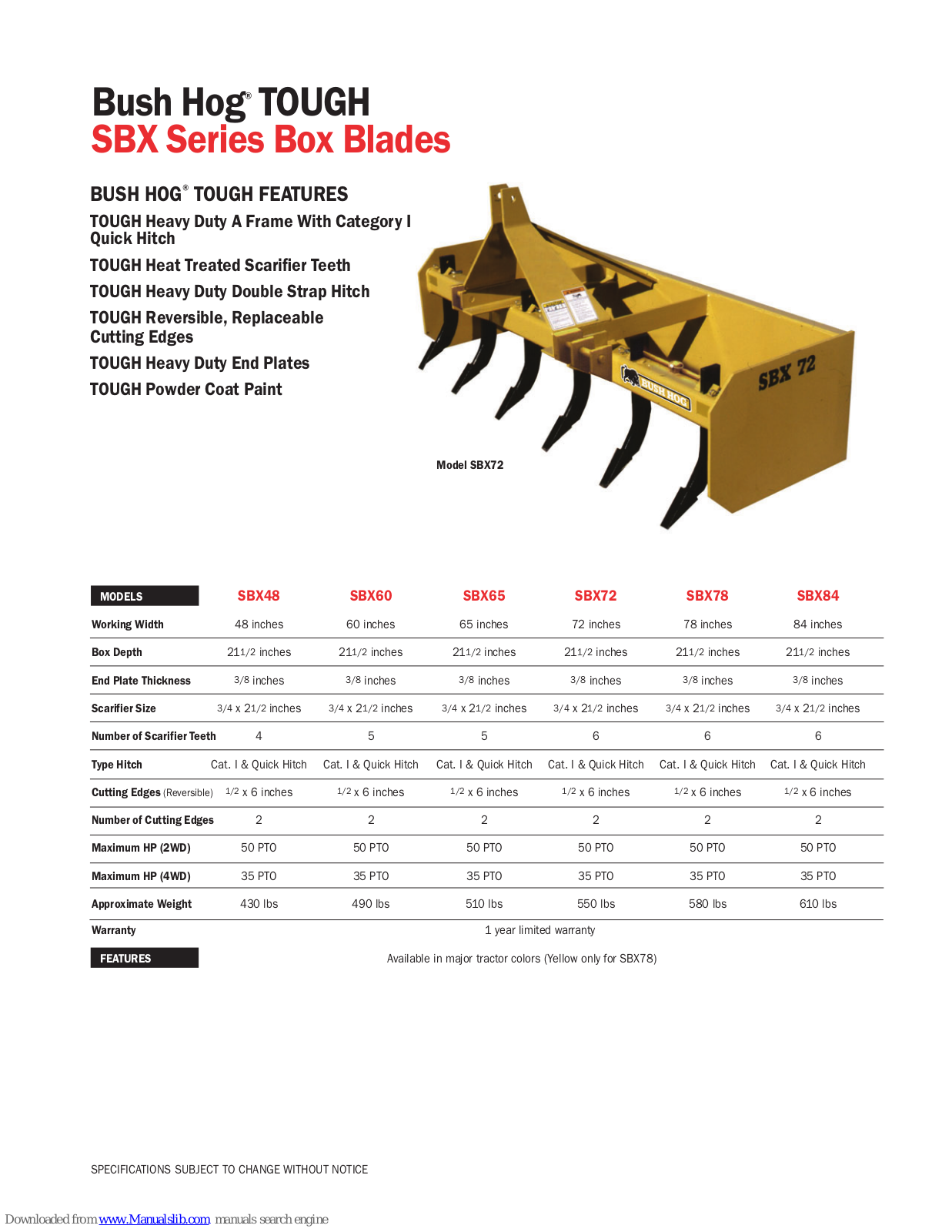 Bush Hog Tough SBX Series, Tough SBX48, Tough SBX60, Tough SBX65, Tough SBX72 Specifications