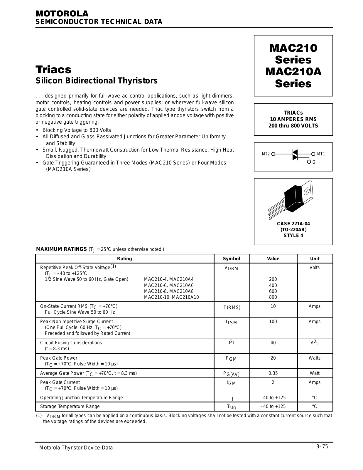 Motorola MAC210A6, MAC210A4, MAC210A10, MAC210-8, MAC210-6 Datasheet