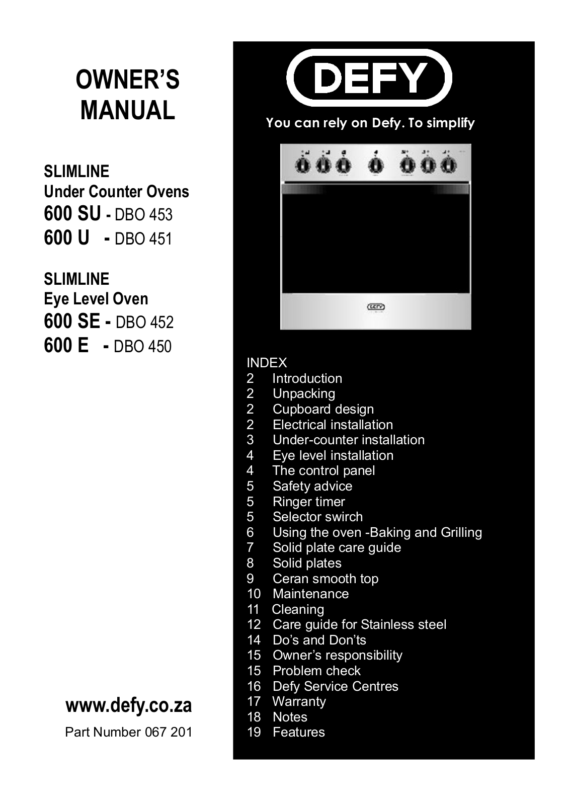 Defy 600 SU - DBO 453, 600 E - DBO 450, 600 SE - DBO 452, 600 U - DBO 451 User Manual