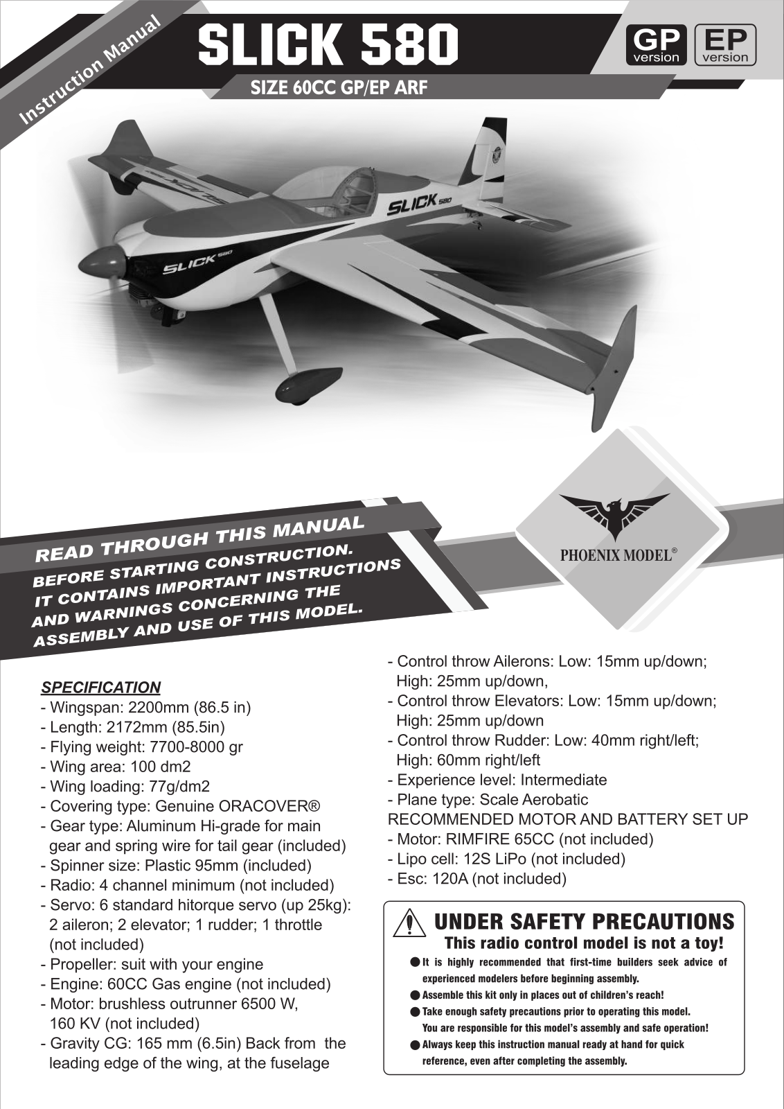 Phoenix Model Slick 580 86.5 User guide - ManualMachine.com