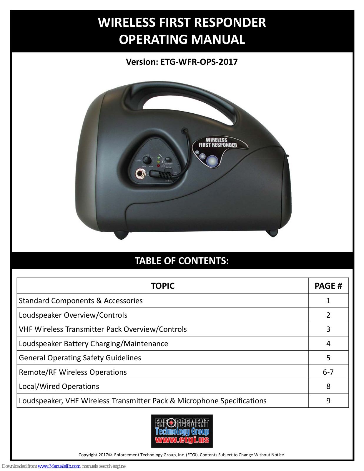 Enforcement Technology Group Wireless First Responder, ETG-WFR-OPS-2017 Operating Manual