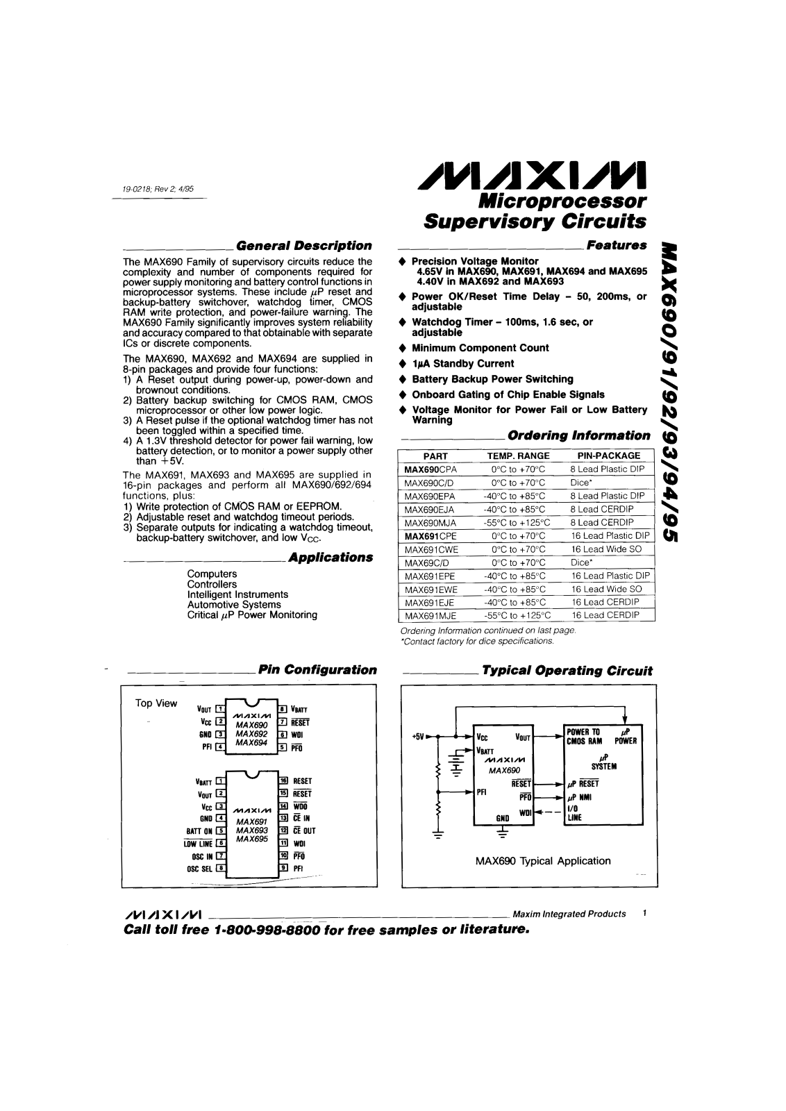 Maxim MAX691EPE, MAX691EWE, MAX691MJE, MAX691C-D, MAX691CPE Datasheet