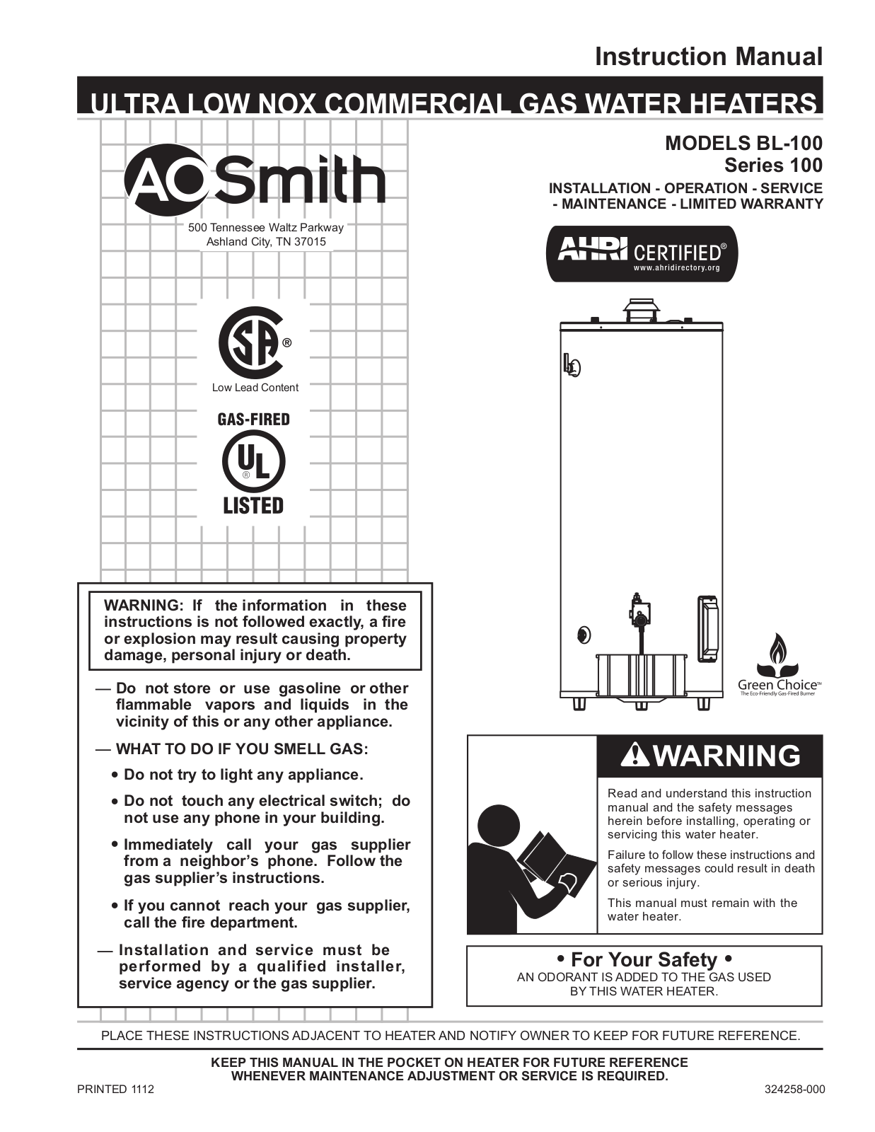 A.O. Smith BL-80, BL-100 Installation Manual